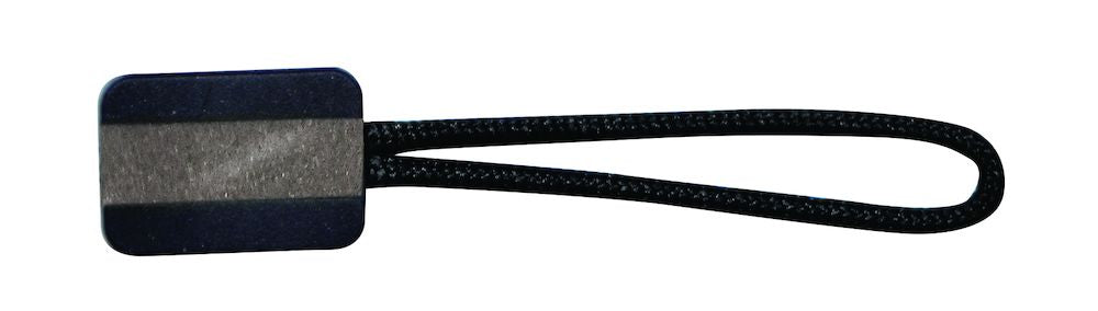 Zwarte reinkebedrijfskleding Zipper Puller met een rechthoekige grip en een stevige lus voor eenvoudige ritsbediening.