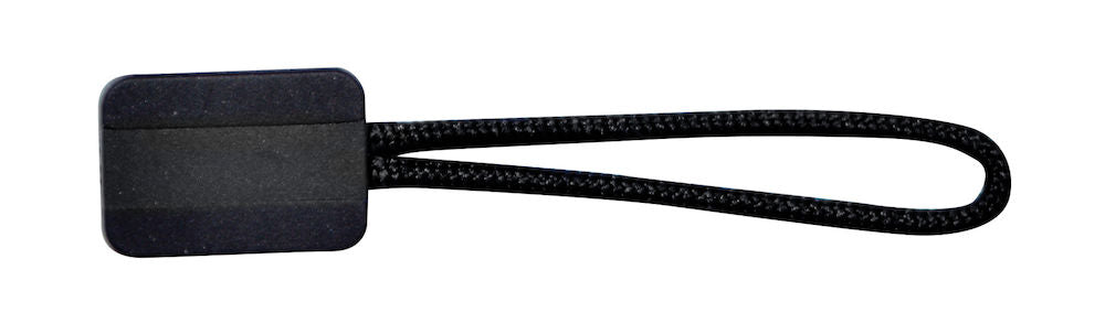Zwarte reinkebedrijfskleding Zipper Puller, vierkant design, stevig koord, geschikt voor diverse kledingstukken.
