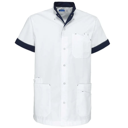 Witte De Berkel LIVIO unisex jas met navy details, borstzak en twee heupzakken, korte mouwen, drukknoopsluiting.