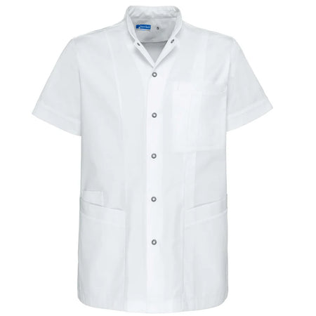 De Berkel LEX wit unisex jack met korte mouwen, knoopsluiting en borstzak, gemaakt van glad materiaal.