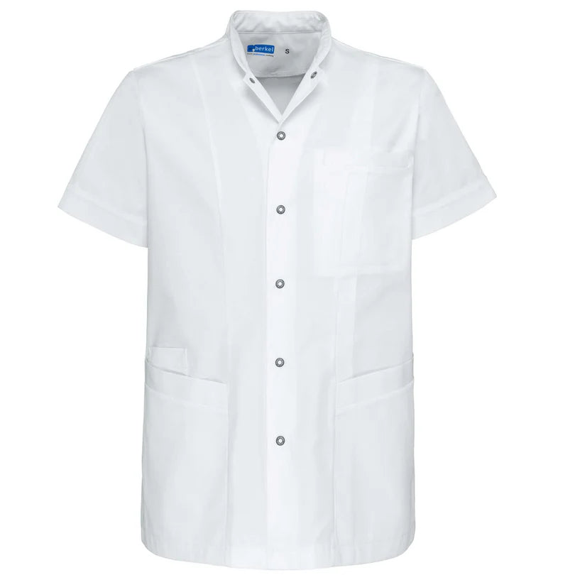 De Berkel LEX wit unisex jack met korte mouwen, knoopsluiting en borstzak, gemaakt van glad materiaal.