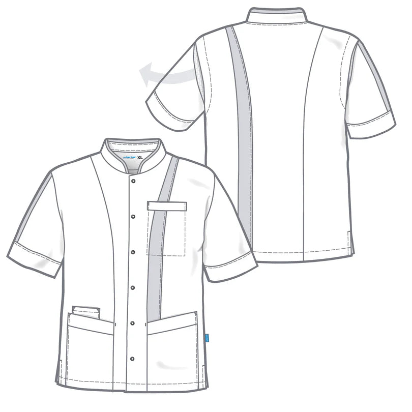 De Berkel LEX wit unisex jack met korte mouwen, iris accenten, borstzak en twee heupzakken, knoopsluiting.