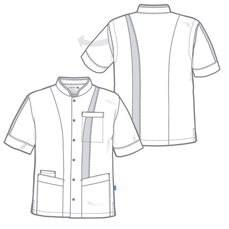 De Berkel LEX wit unisex jack met korte mouwen, iris accenten, borstzak en twee heupzakken, knoopsluiting.