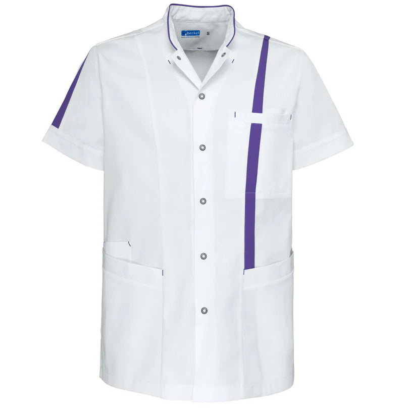 De Berkel LEX Unisex jack wit met irisstrepen, korte mouwen, drukknopen en meerdere zakken