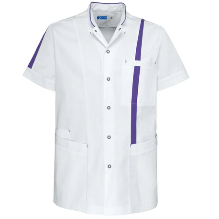 De Berkel LEX Unisex jack wit met irisstrepen, korte mouwen, drukknopen en meerdere zakken