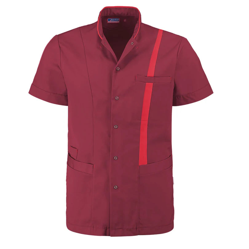 De Berkel LEX Unisex jack bordeaux met rode accenten, korte mouwen, borstzak, stretch stof, metalen knopen.