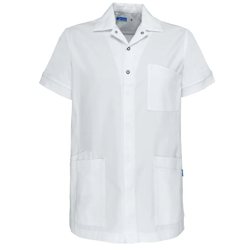 De Berkel CAMILLE wit unisex jack met korte mouwen, knopen en drie zakken.