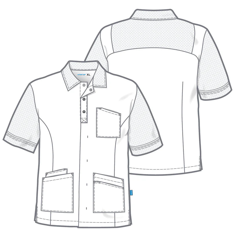 Wit De Berkel CAMILLE unisex jack met korte mouwen, drie zakken en kraag met knoopsluiting, voorzien van netstof details.