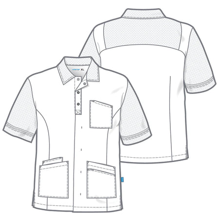Wit De Berkel CAMILLE unisex jack met korte mouwen, drie zakken en kraag met knoopsluiting, voorzien van netstof details.