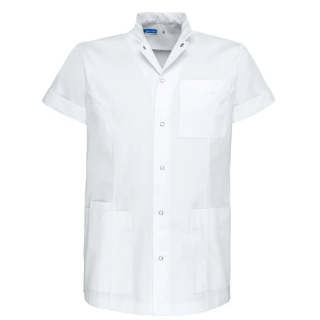 Wit De Berkel JAIMY unisex jack met korte mouwen, borstzak en drukknopen, polyester materiaal.