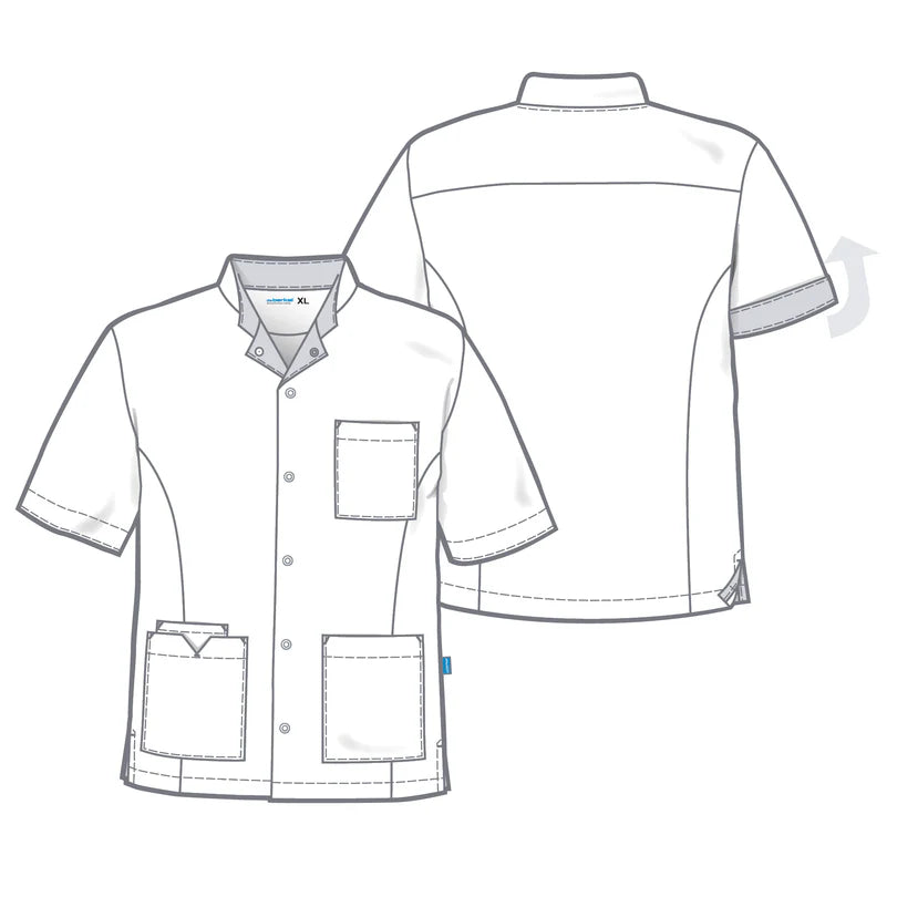 De Berkel Jaimy wit/taupe unisex jack met korte mouwen, borst- en heupzakken, drukknopen, zachte stof.