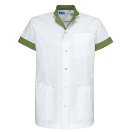 De Berkel Jaimy unisex jack wit met kiwigroene accenten, drukknopen, borstzak en twee heupzakken.