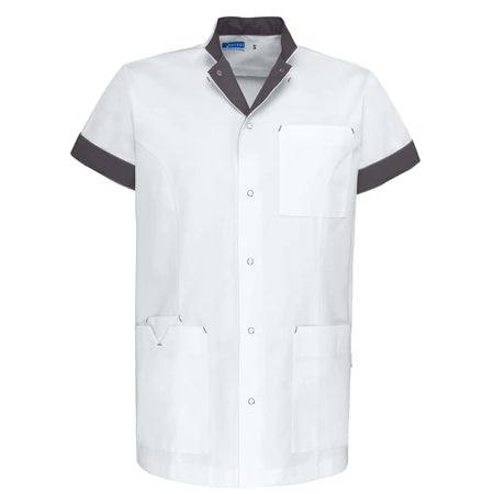 De Berkel JAIMY unisex jack wit met taupe kraag, korte mouwen, borstzak en drukknopen.