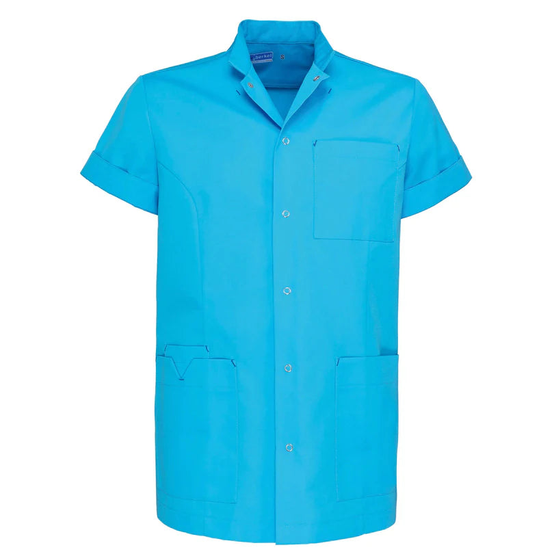 De Berkel JAIMY jack azuurblauw unisex met korte mouwen, opstaande kraag, borstzak en twee heupzakken.