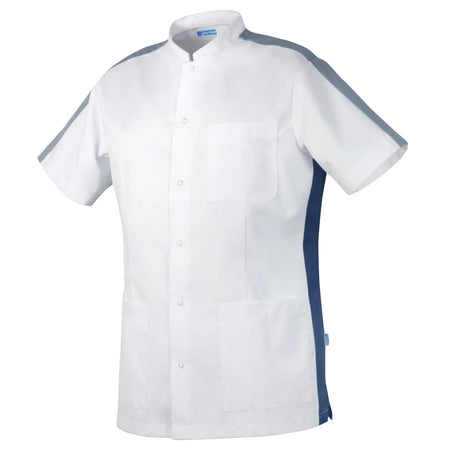 De Berkel KENT wit/marine unisex jack met drukknopen, borstzak en contrasterende zijpanelen.