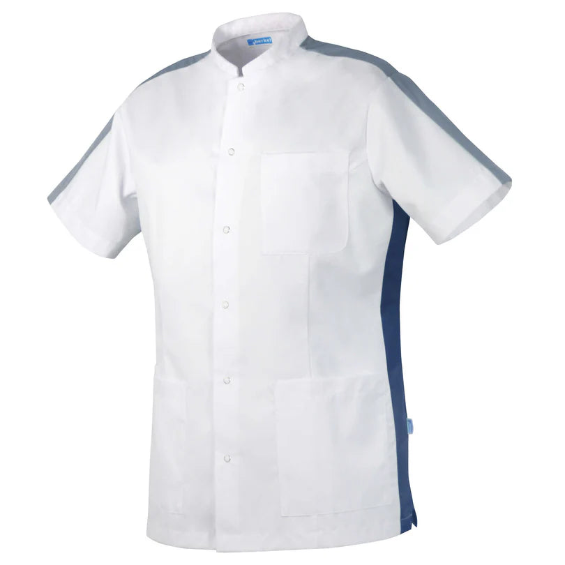 De Berkel KENT wit/marine unisex jack met drukknopen, borstzak en contrasterende zijpanelen.