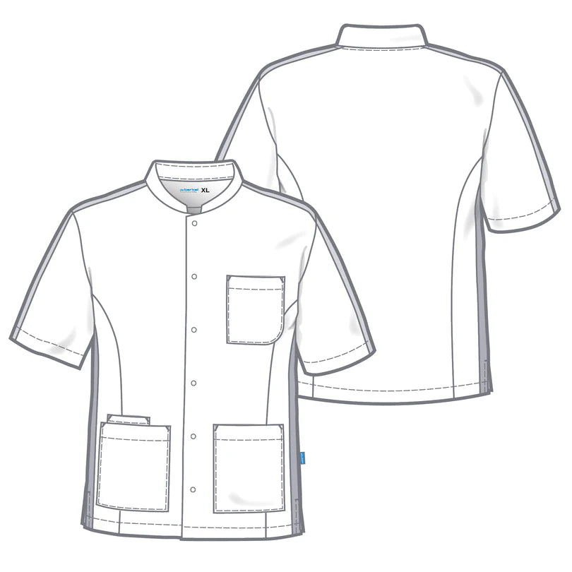 De Berkel KENT unisex jack wit met marine accenten, korte mouwen, opgestikte zakken voor en een borstzak.