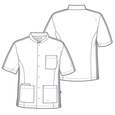 De Berkel KENT unisex jack wit met marine accenten, korte mouwen, opgestikte zakken voor en een borstzak.