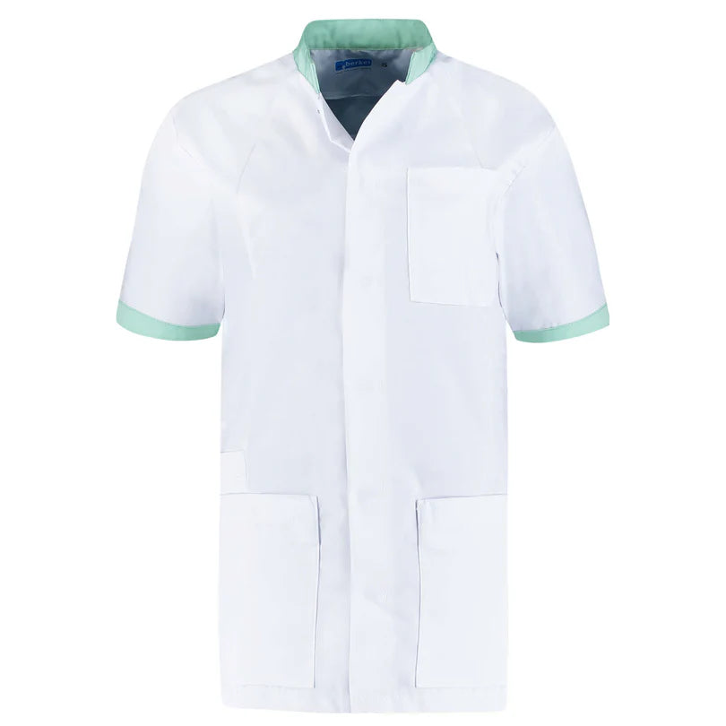 De Berkel FLORIS unisex jack wit met aqua accenten, korte mouwen, borstzak, twee heupzakken, rechte snit.