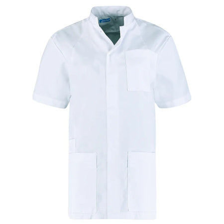 Wit De Berkel FLORIS unisex jack met korte mouwen, borstzak en twee voorzakken, elegante opstaande kraag.