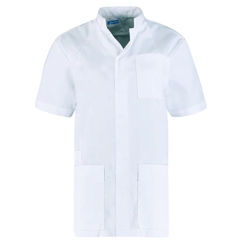 Wit De Berkel FLORIS unisex jack met korte mouwen, borstzak en twee voorzakken, elegante opstaande kraag.