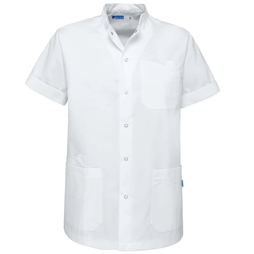 De Berkel LIVIO unisex wit jack met korte mouwen, borstzak, drukknopen en twee voorzakken.