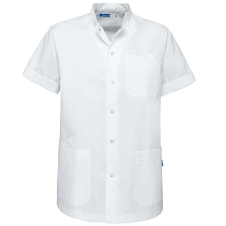 De Berkel LIVIO unisex wit jack met korte mouwen, borstzak, drukknopen en twee voorzakken.