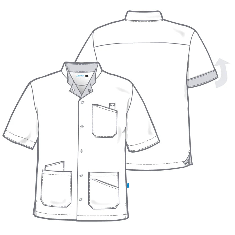 De Berkel LIVIO Unisex jack wit/navy met korte mouwen, borstzak, twee voorzakken, en knoopsluiting.