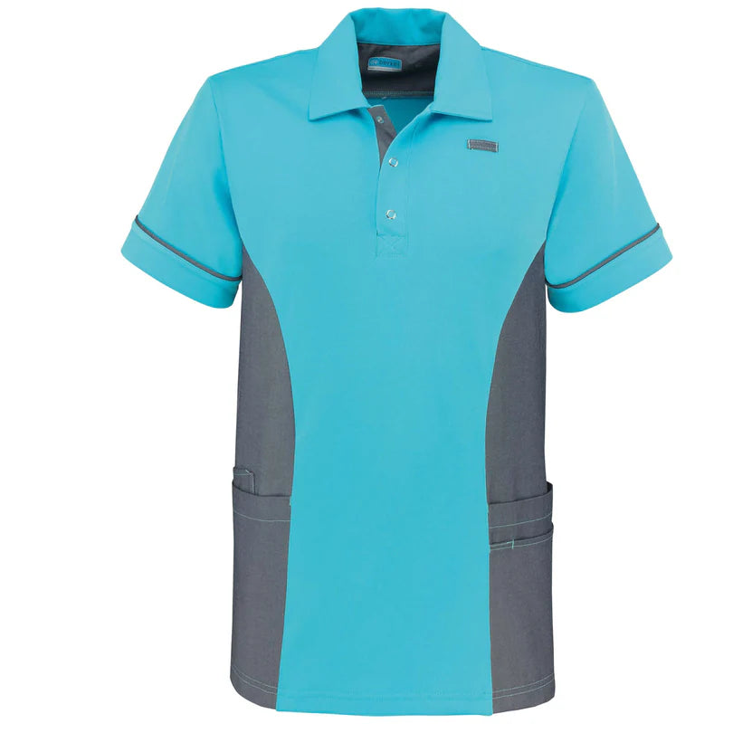 De Berkel TACO unisex polo turquoise met denim zijpanelen, korte mouwen, polokraag, borstlogo en taillezakken.