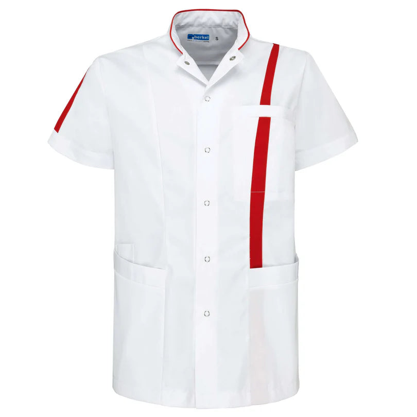 De Berkel LEX unisex jack wit met rode strepen, korte mouwen, drukknopen, borstzak en zijzakken.