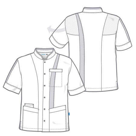 Wit/rood De Berkel LEX Unisex jack met korte mouwen, opstaande kraag, borstzak en knopen, ademende inzetstukken.