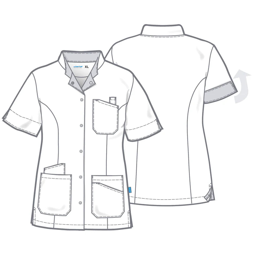 De Berkel LIVIA damesjack wit met turquoise details, ronde hals, korte mouwen, en drie zakken.