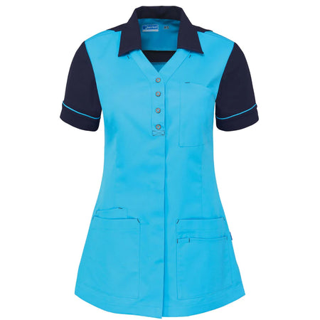 De Berkel CARMEN damesjack azuurblauw/navy met knopen, borstzak en twee heupzakken. Korte mouwen met donkerblauwe accenten.