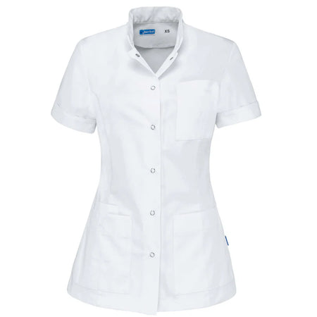 Witte De Berkel JILLIAN damesjack met korte mouwen, drukknopen en drie zakken, gemaakt van katoenmix.