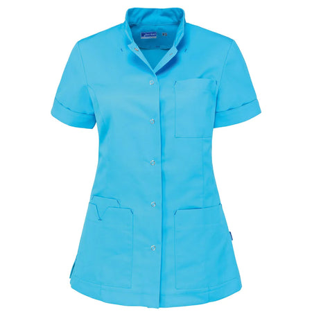 Azuurblauw De Berkel JILLIAN damesjack met korte mouwen, knoopsluiting, borstzak en twee voorzakken