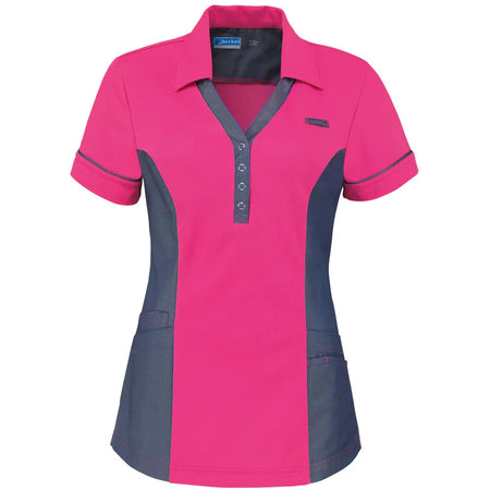De Berkel TRIX damespolo fuchsia met denim zijkanten, knopen en kraag, twee zakken aan de voorzijde.