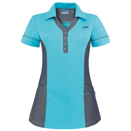 De Berkel TRIX damespolo turquoise en denim, korte mouwen, knoopsluiting, zijzakken, contrasterende zijpanelen.