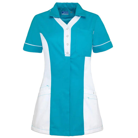 De Berkel SELMA damesjack turquoise met witte accenten, korte mouwen, borstzak en drukknopen, zorguniform.