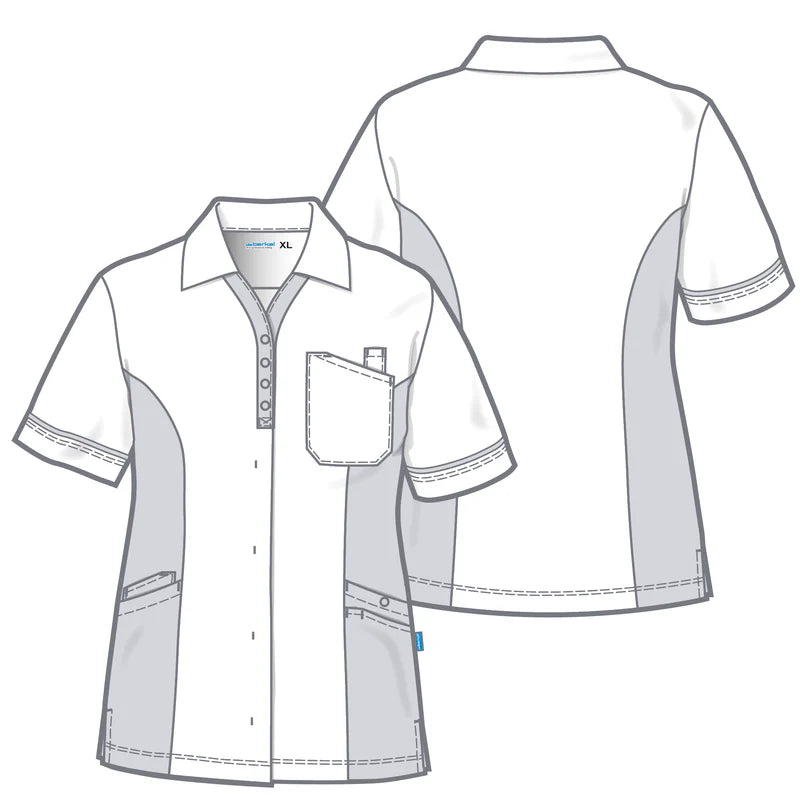 De Berkel SELMA damesjack turquoise/wit met borstzak, korte mouwen en lichte teksturen, knoopsluiting.