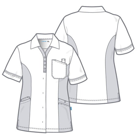 De Berkel SELMA damesjack turquoise/wit met borstzak, korte mouwen en lichte teksturen, knoopsluiting.