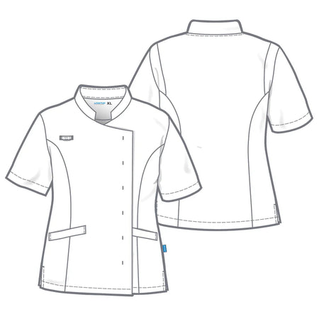 De Berkel SHIRLEY wit damesjack met asymmetrische knopen, korte mouwen en twee heupzakken.