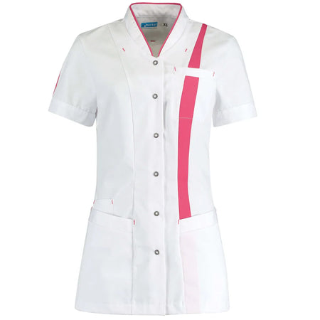 De Berkel LARA damesjack wit met fuchsia accenten, knoopsluiting, opstaande kraag, borst- en heupzakken.