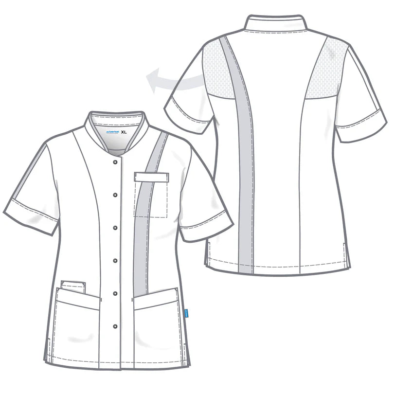 De Berkel LARA damesjack wit met irisaccenten, drukknoopsluiting, borstzak en twee heupzakken, korte mouwen.