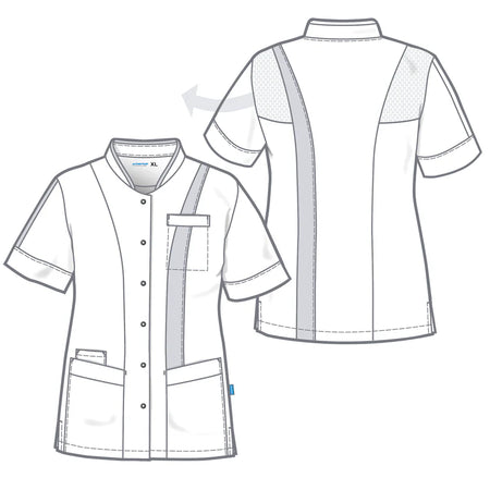 De Berkel LARA damesjack wit met irisaccenten, drukknoopsluiting, borstzak en twee heupzakken, korte mouwen.