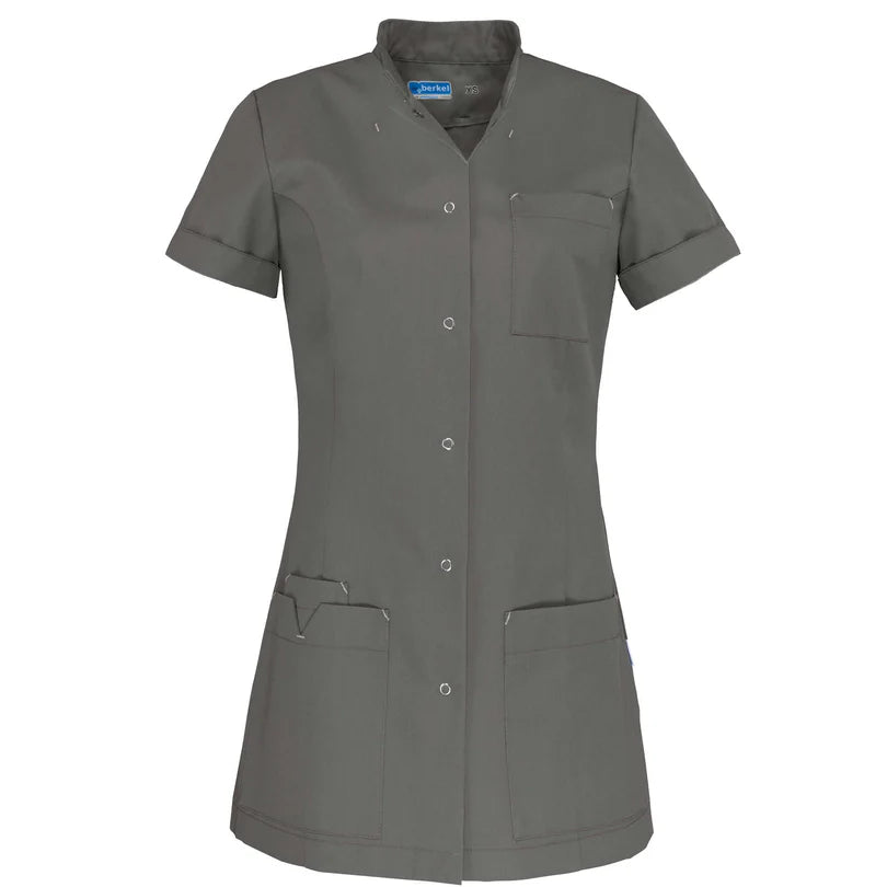 Taupe De Berkel JILL damesjack met korte mouwen, drukknopen, borstzak, en twee voorzakken