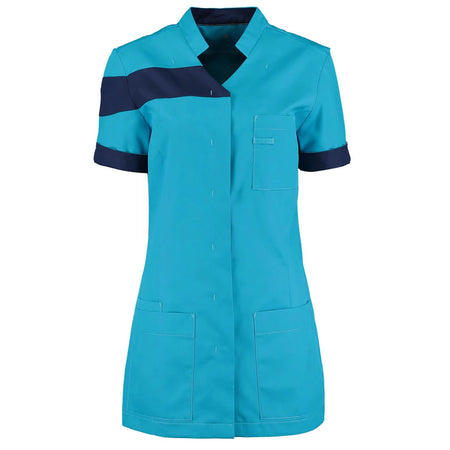 De Berkel JULIETTE damesjack turquoise met marine accenten, korte mouwen, borst- en heupzakken, polyester stof.