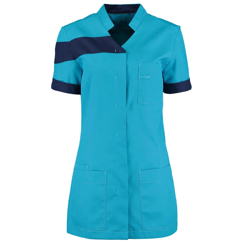 De Berkel JULIETTE damesjack turquoise met marine accenten, korte mouwen, borst- en heupzakken, polyester stof.