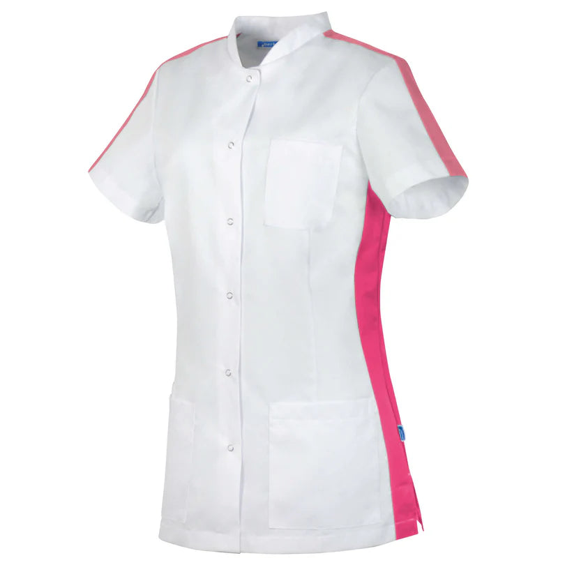 De Berkel KRISTEL damesjack wit met roze strepen, borstzak en korte mouwen, drukknopen aan de voorkant.