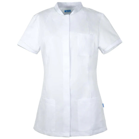 Wit De Berkel FLEUR damesjack met korte mouwen, opstaande kraag, borstzak en twee heupzakken, moderne stijl.