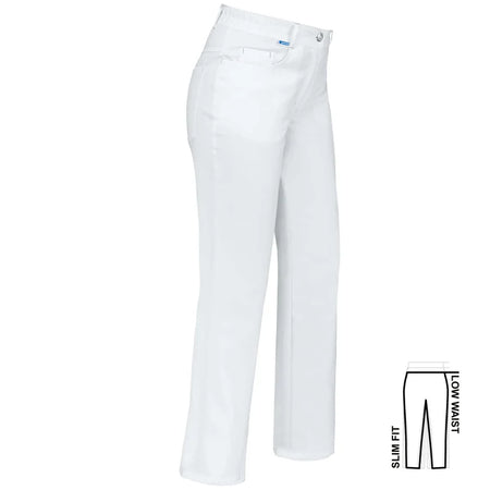 Witte De Berkel TINY damesbroek, slim fit, lage taille, twee voorzakken, knoop- en ritssluiting.